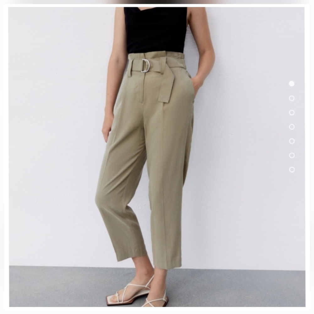 Zara Baggy High waisted Belted Olive Pant Size Small - Picture 1 of 13